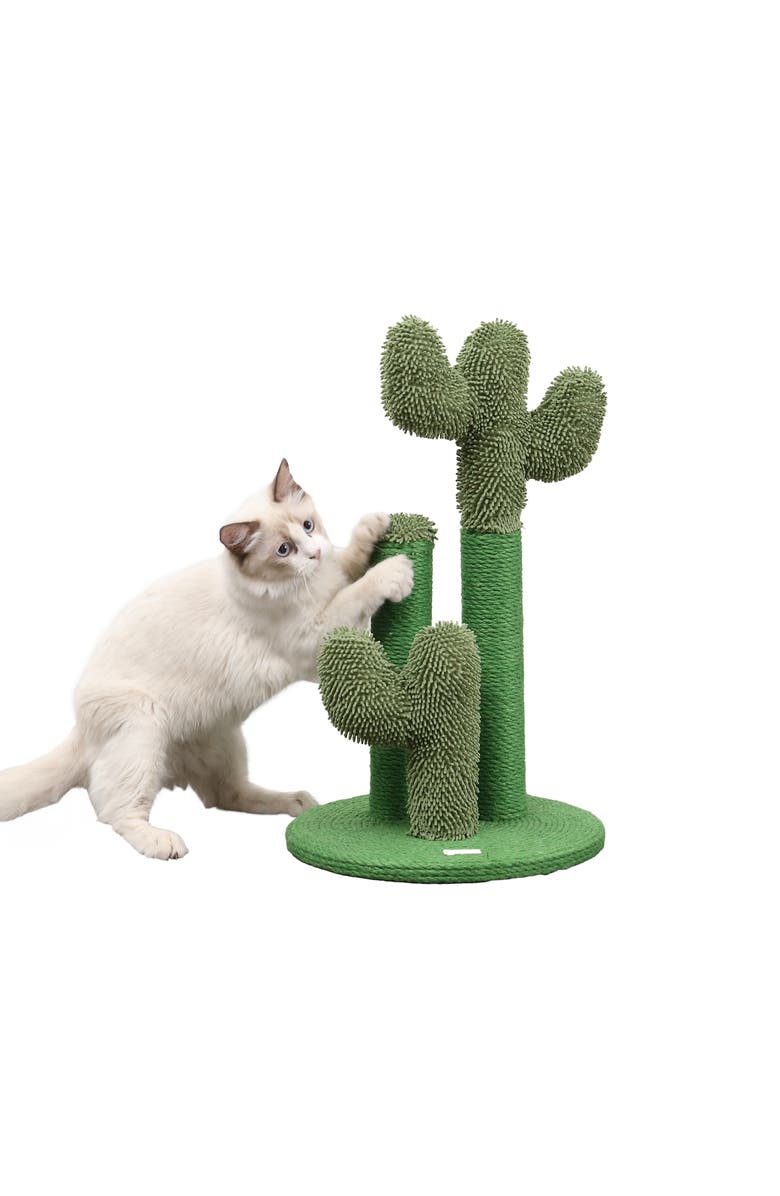 The Licker Store Marfa 21.5" Modern Jute Triple-Cactus Cat Scratching Post with Fuzzy Toy, Main, color, Green