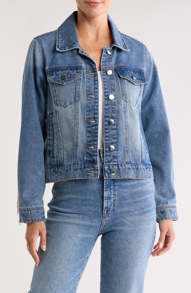 Vigoss Rhinestone Fringe Denim Trucker Jacket, Main, color,