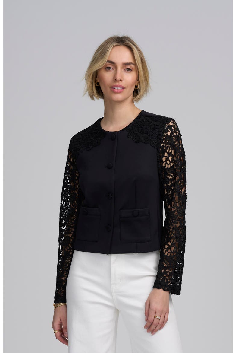 Lace Satin Jacket, Alternate, color, BLACK