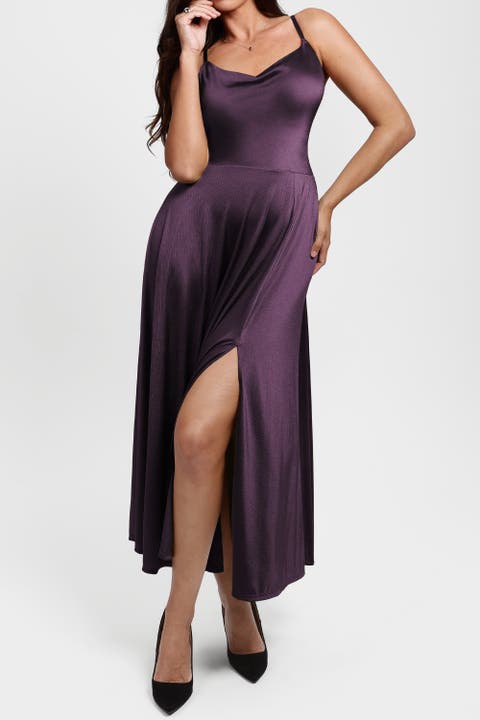 Built In Shapewear Glitter Spaghetti Strap Slit Maxi Dress