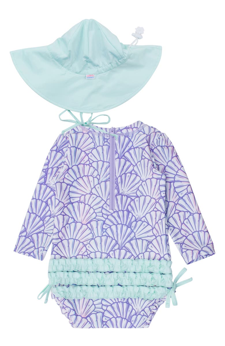 RuffleButts Magical Mermaid Long Sleeve One-Piece Rashguard Swimsuit & Hat Set, Alternate, color, Purple