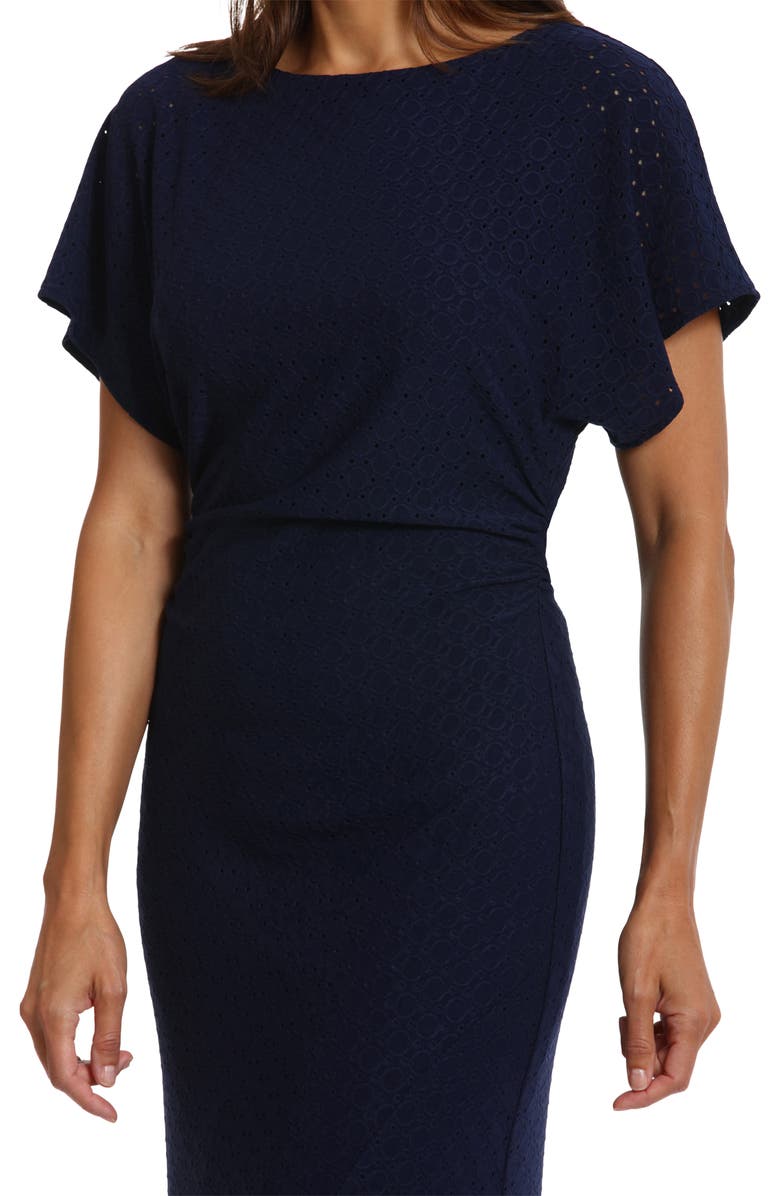 London Times Eyelet Short Sleeve Tulip Hem Midi Dress, Alternate, color,