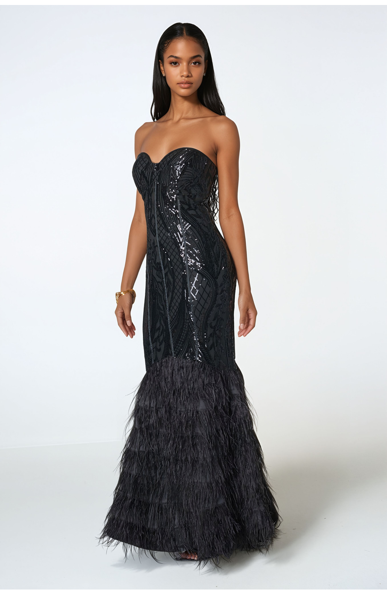 bebe Sequin Feather Gown, Alternate, color, Black