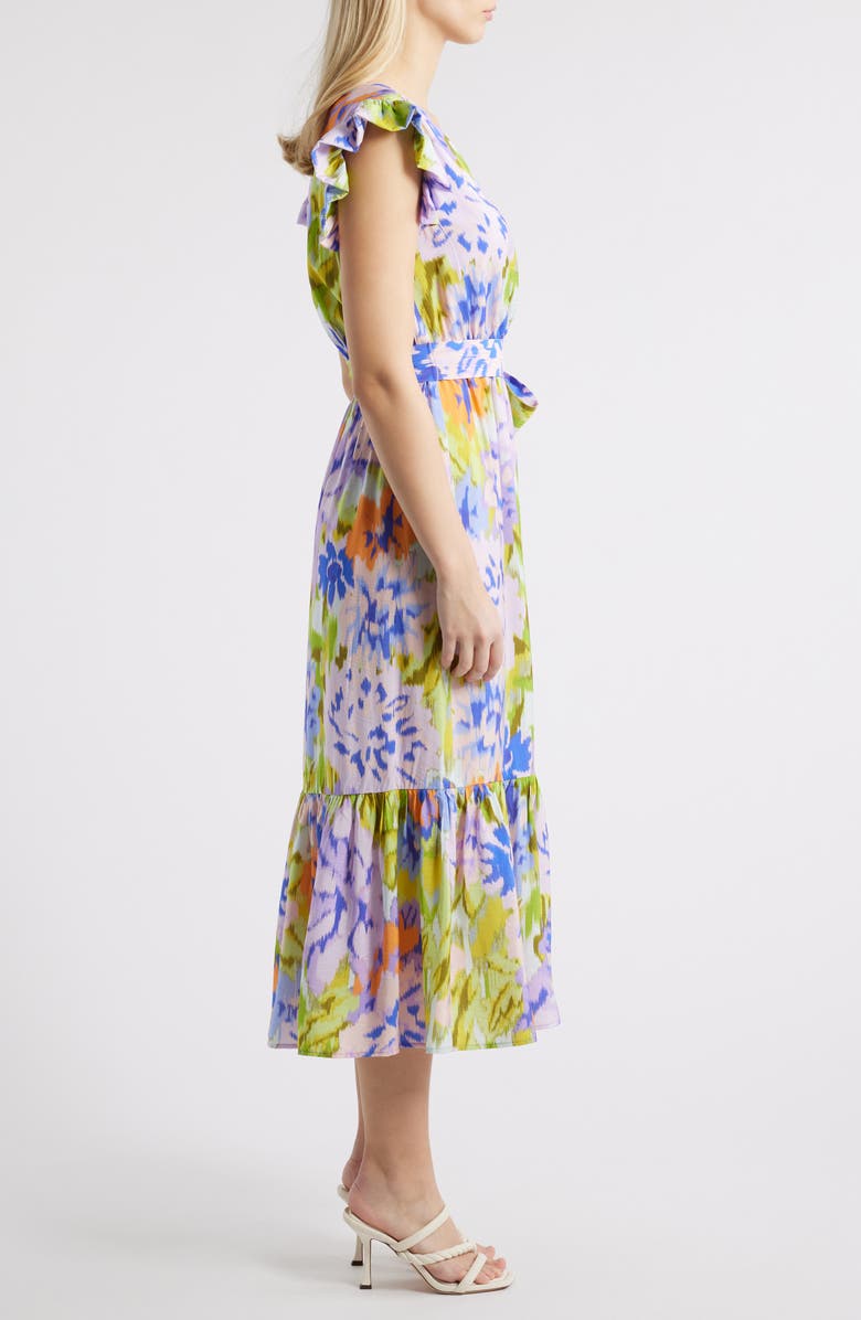 Sam Edelman Print Wrap Front Flutter Sleeve Midi Dress, Alternate, color, Lavender Multi