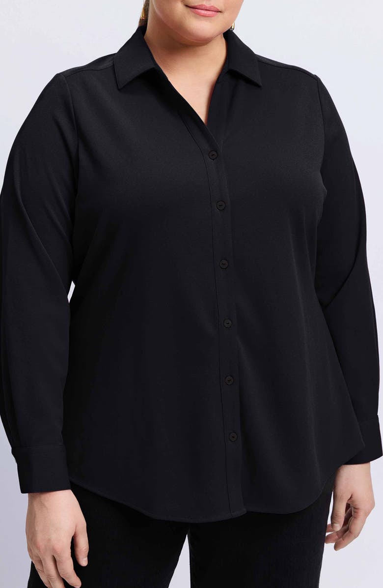 Foxcroft Mary Crepe Knit Button-Up Shirt, Main, color, Black