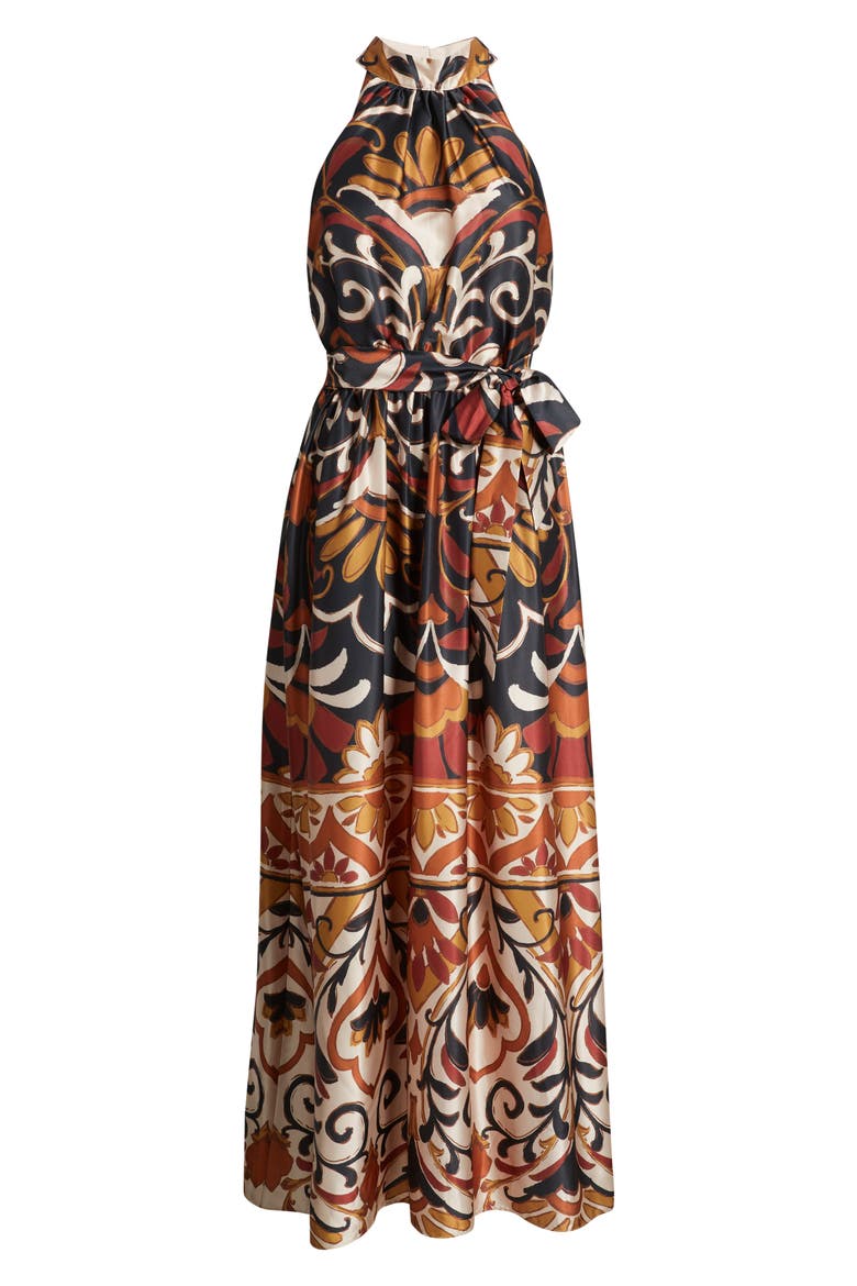 Floral Print Stretch Satin Maxi Dress, Alternate, color, RUST MULTI