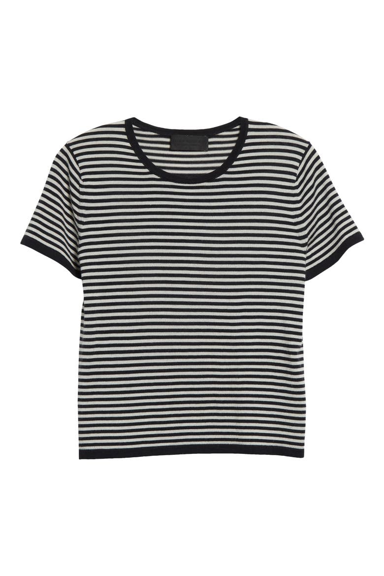 Nadette Stripe Short Sleeve Merino Wool & Silk Sweater, Alternate, color, MIDNIGHT/ IVORY STRIPE