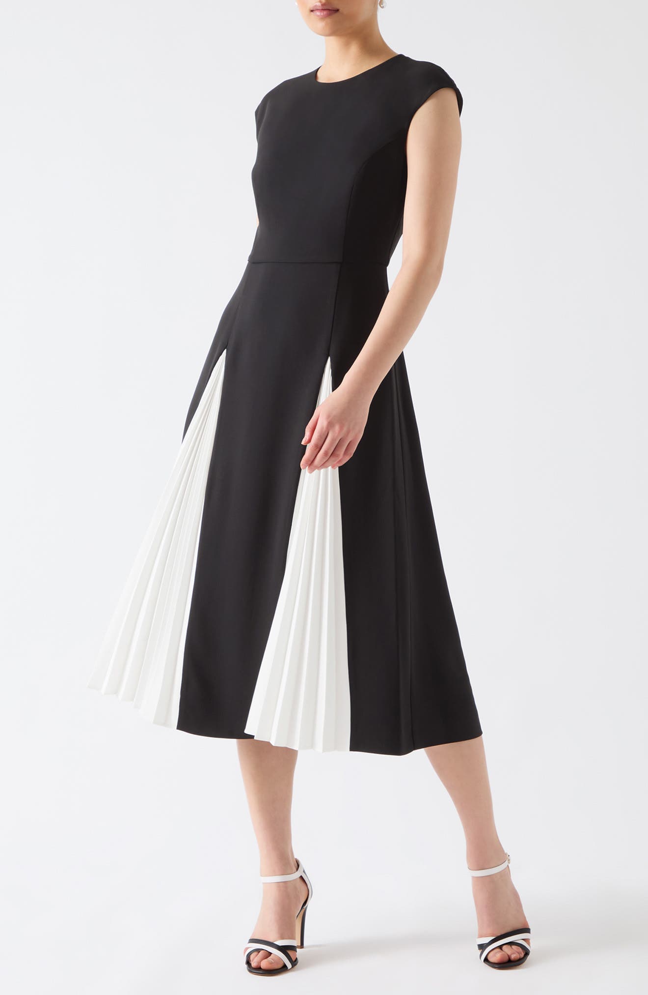 LK Bennett Rise Cap Sleeve Pleated Godet Midi Dress