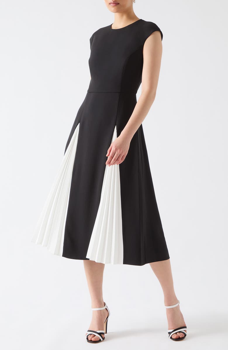 LK Bennett Rise Cap Sleeve Pleated Godet Midi Dress, Main, color, Black