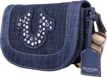 Frayed Denim Horseshoe Satchel Bag