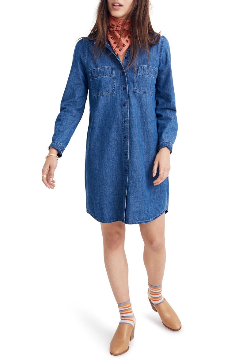 Puff Sleeve Denim Shirtdress, Main, color, HARRIS WASH