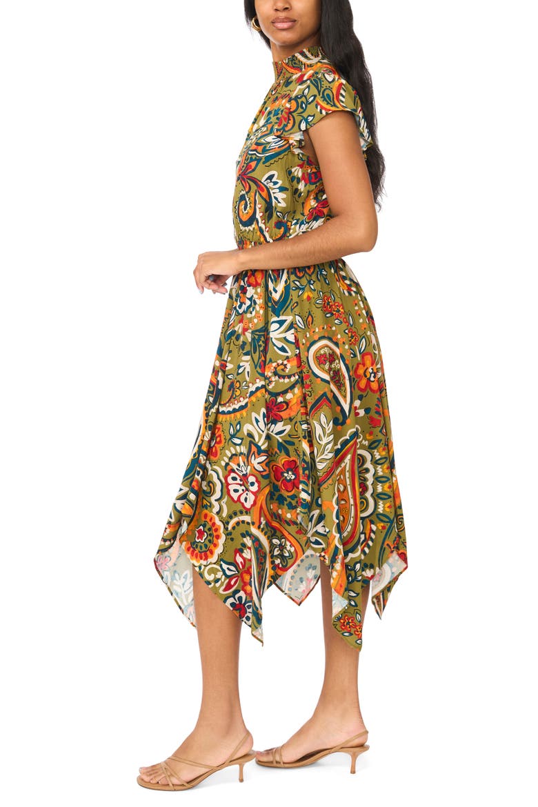 Smocked Neck Handkerchief Hem Midi Dress, Alternate, color, OLIVE MOSS