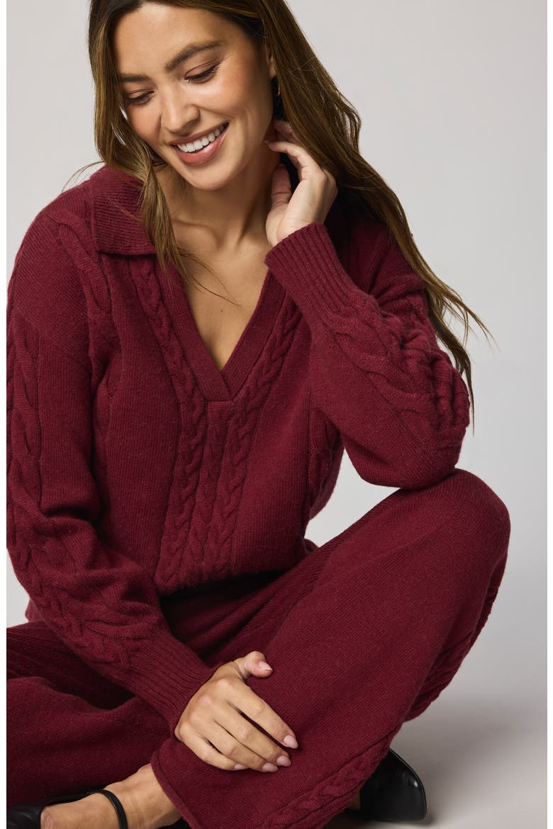 Jet Set Cable Stitch Polo Sweater, Alternate, color, CHERRY ON TOP RED