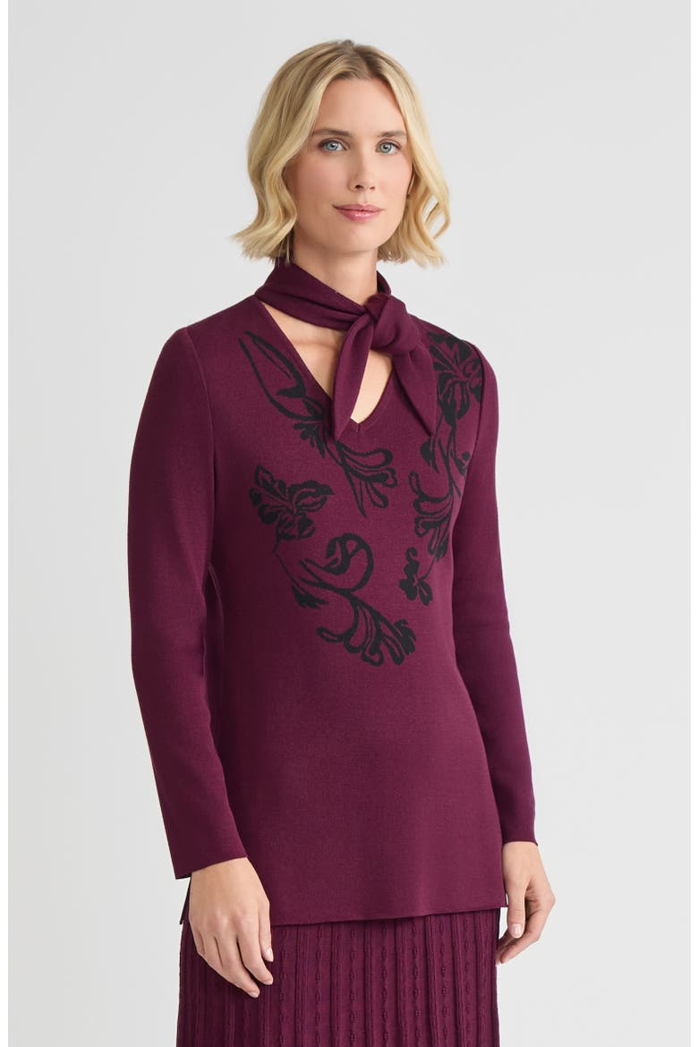 Tie-Neck Floral Jacquard Soft Knit Tunic, Alternate, color, Midnight Violet/Black