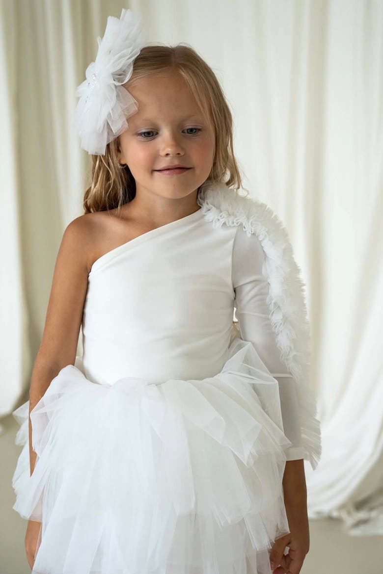 Bella One Shoulder Long Sleeve Ruffle Tutu Dress, Alternate, color, White Lily