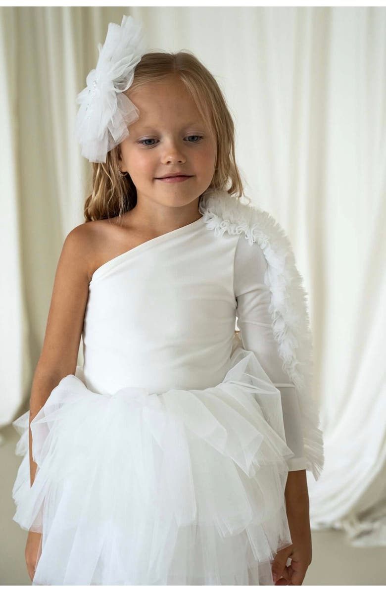 Mini Celebrities Bella One Shoulder Long Sleeve Ruffle Tutu Dress, Alternate, color, White Lily