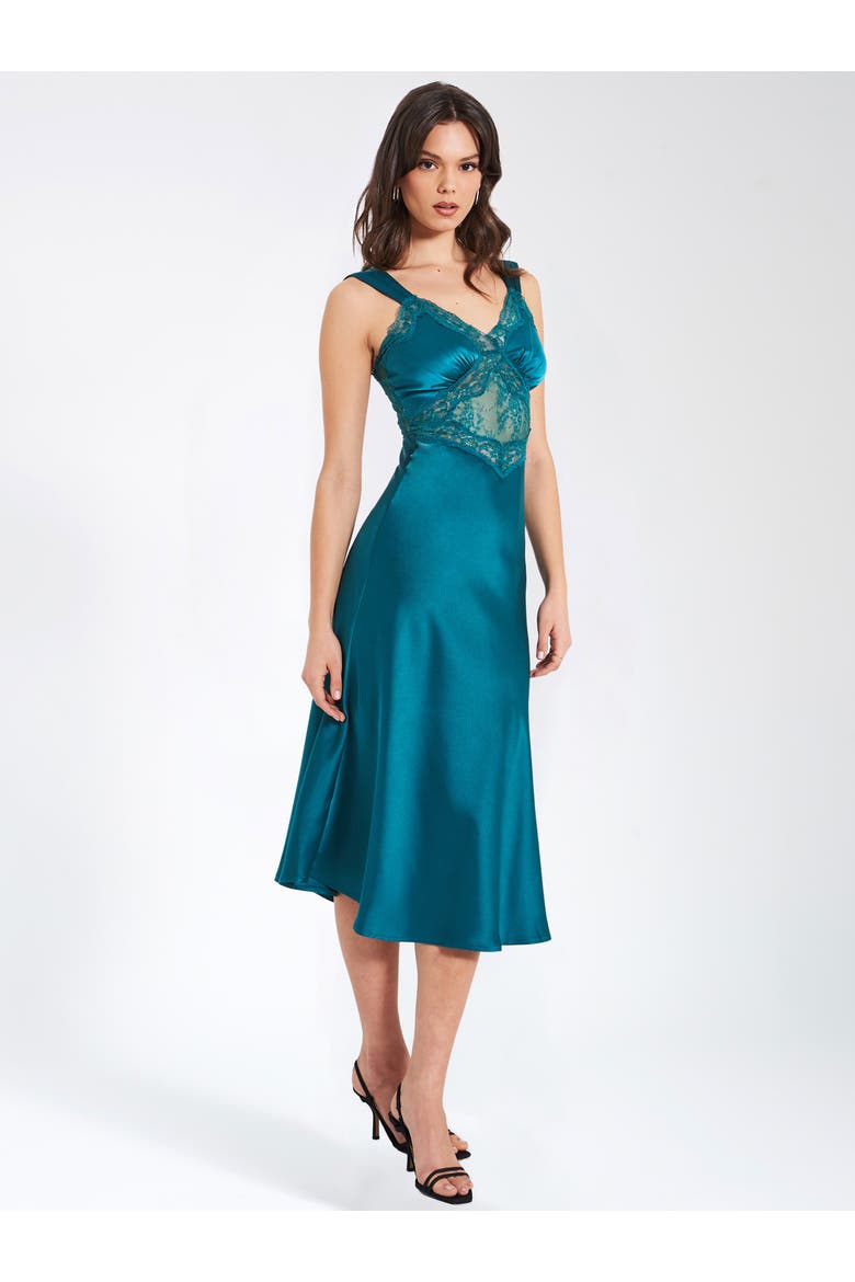 Perley Satin and Lace Midi Dress, Alternate, color, Teal