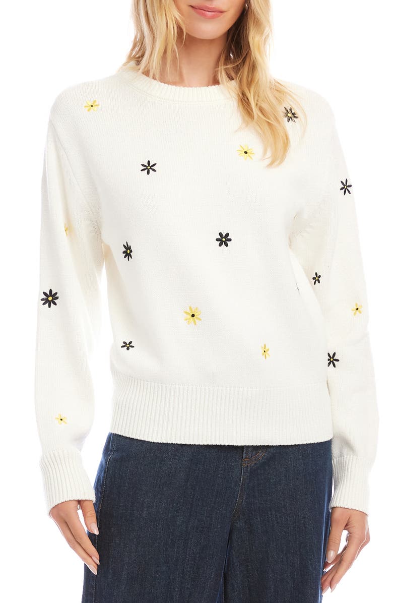 Karen Kane Embroidered Daisy Cotton Blend Sweater, Main, color, White