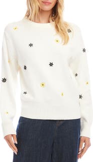Karen Kane Embroidered Daisy Cotton Blend Sweater