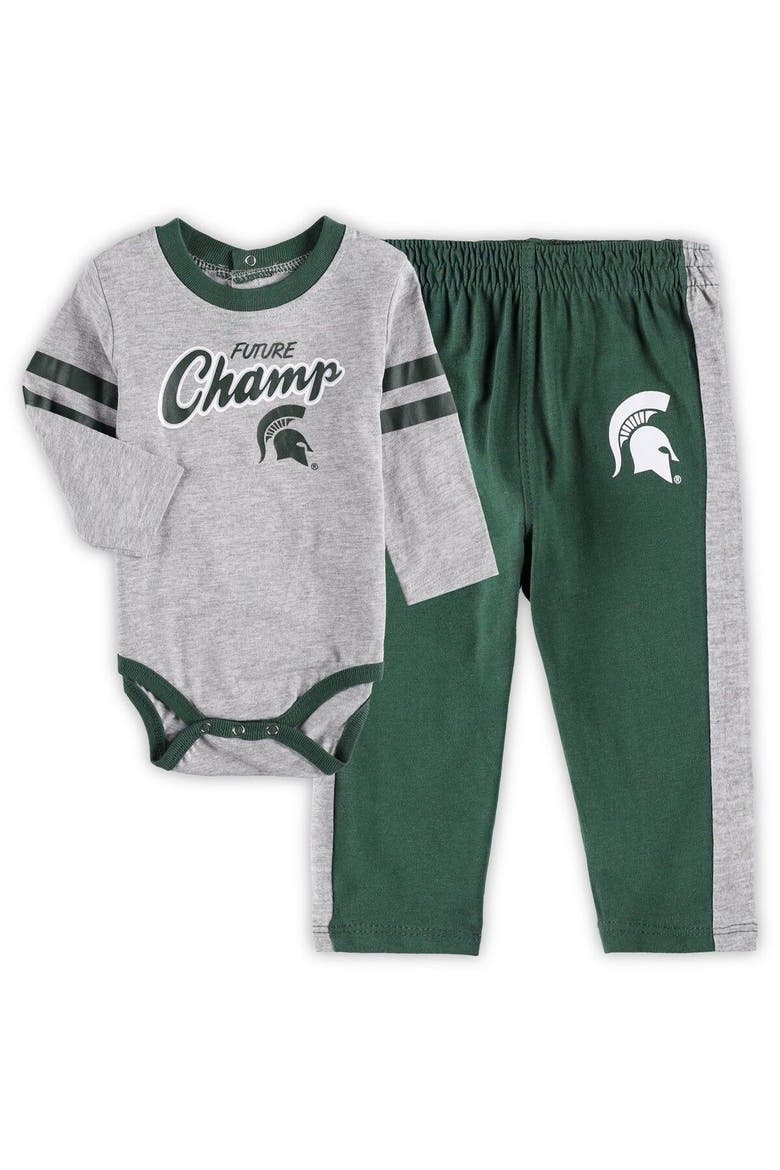 Newborn & Infant Green/Heathered Gray Michigan State Spartans Little Kicker Long Sleeve Bodysuit & Sweatpants Set, Alternate, color, Green