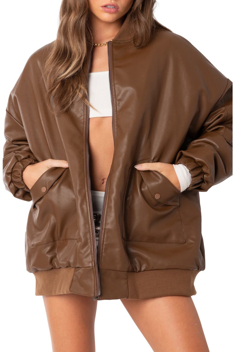 Oversize Faux Leather Bomber, Main, color, BROWN