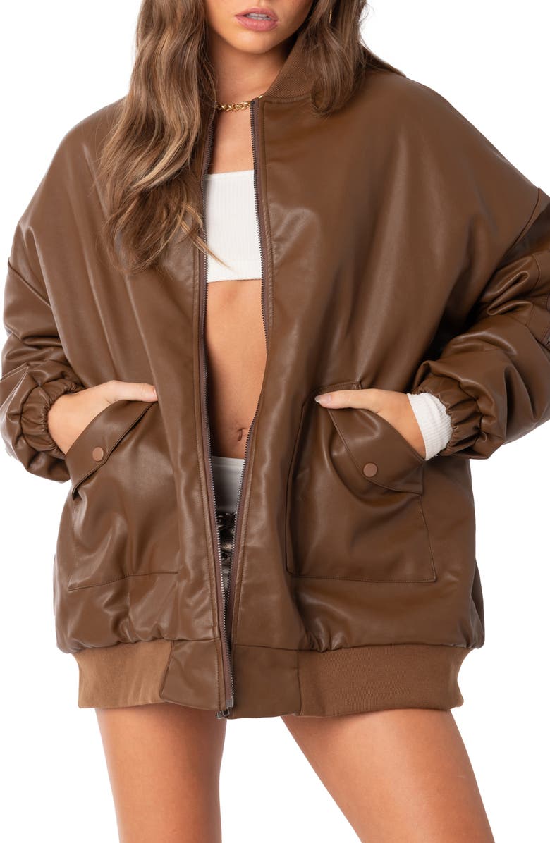 EDIKTED Oversize Faux Leather Bomber, Main, color,