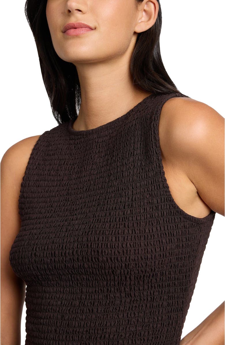 Onia Air Linen Smocked Boatneck Dress, Alternate, color, Espresso