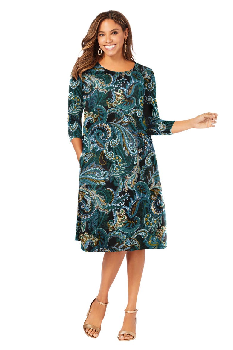Stretch Knit Three-Quarter Sleeve T-shirt Dress, Main, color, FROST TEAL PAISLEY