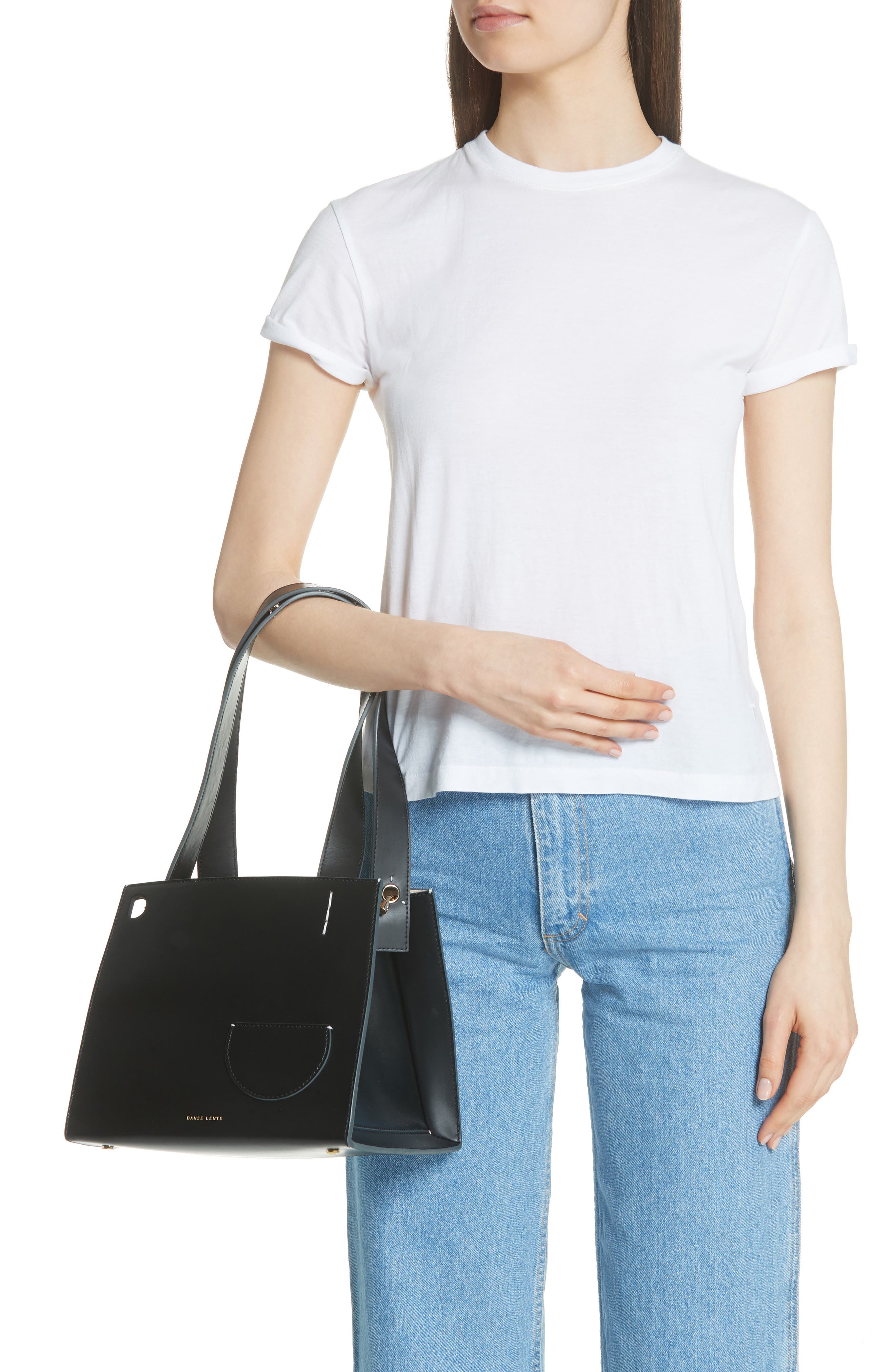 Margot Leather & Genuine Shearling Tote Bag, Alternate, color, BLACK