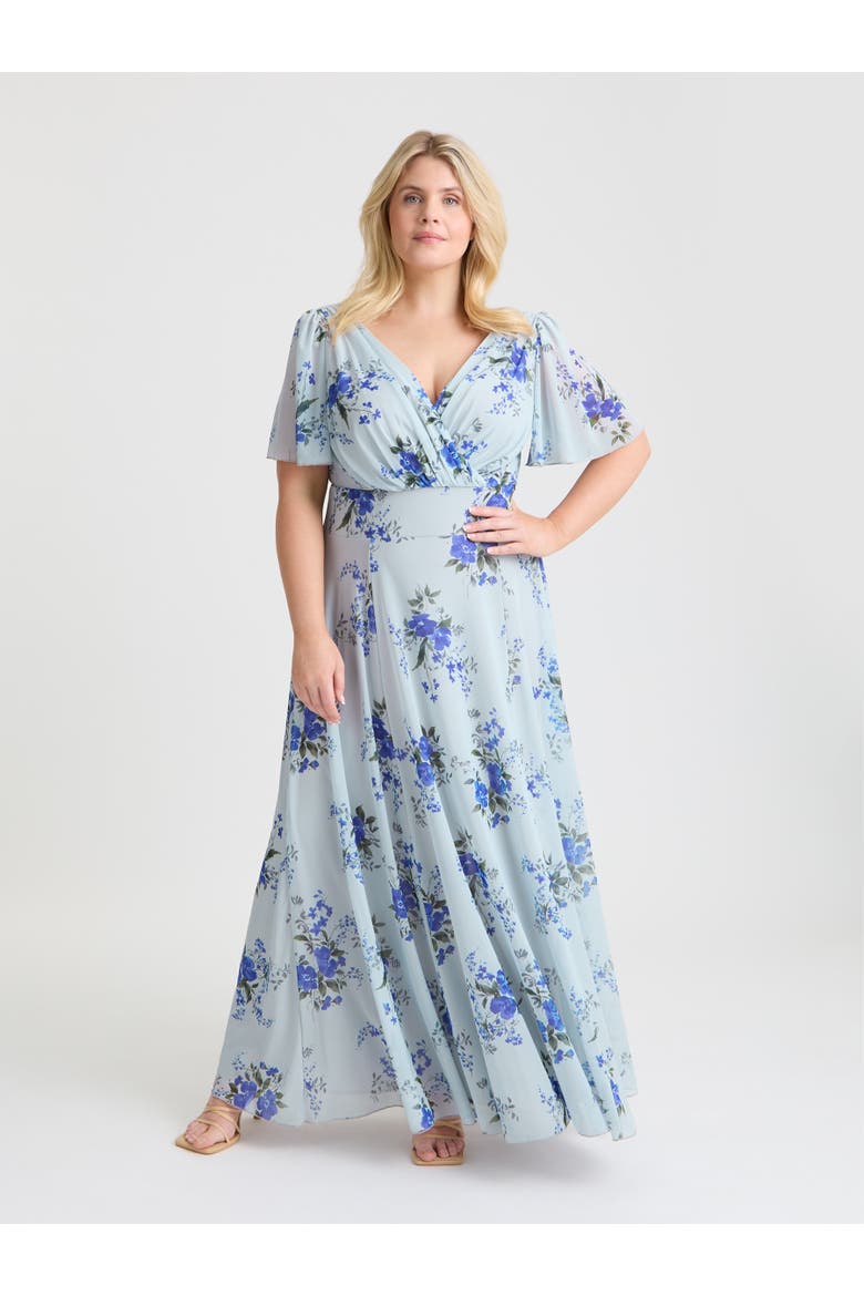 Isabelle Short Sleeve V-Neck Maxi Dress, Main, color, Silver Blue Floral