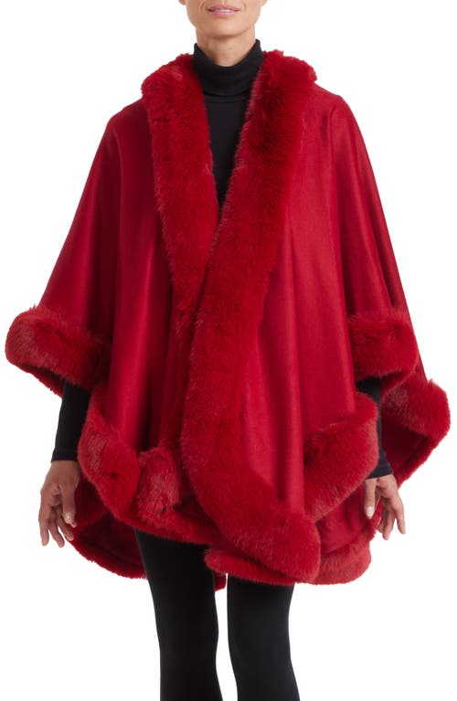 Sofia Cashmere Faux Fur Trim Cashmere Cape In Red