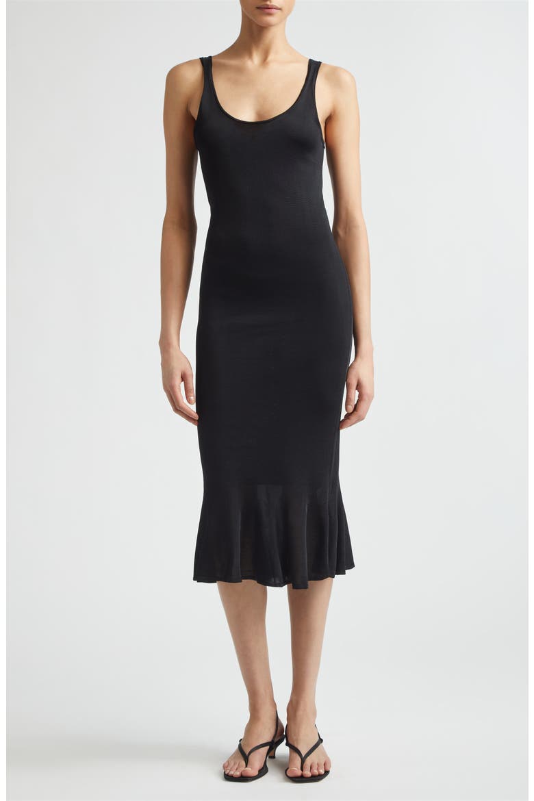 Fluted Hem Midi Dress, Main, color, BLACK