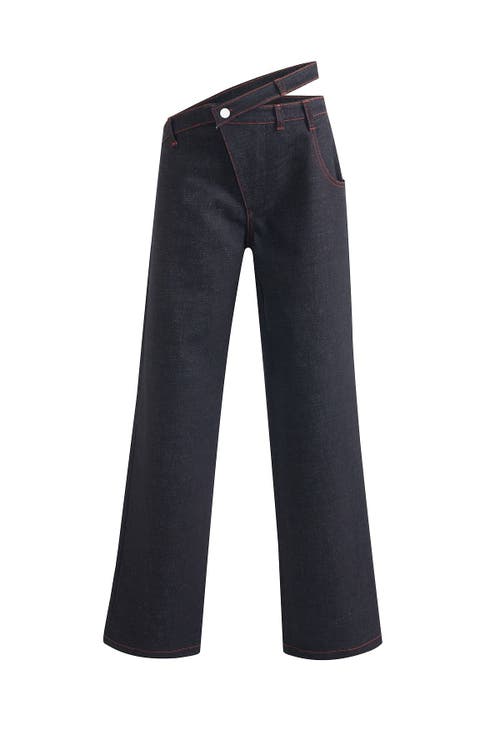 Jendue Davidson Asymmetric Belt Pants In Deep Blue