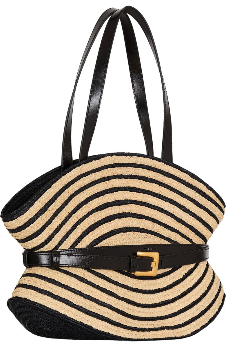 Balmain Medium Shuffle bag in smooth leather and two-tone raffia, Alternate, color, Beige