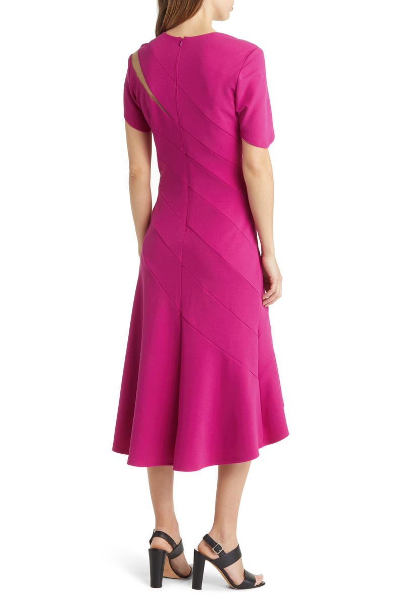 Tadashi Shoji Asymmetric Neck Crepe Midi Cocktail Dress, Alternate, color, Dahlia