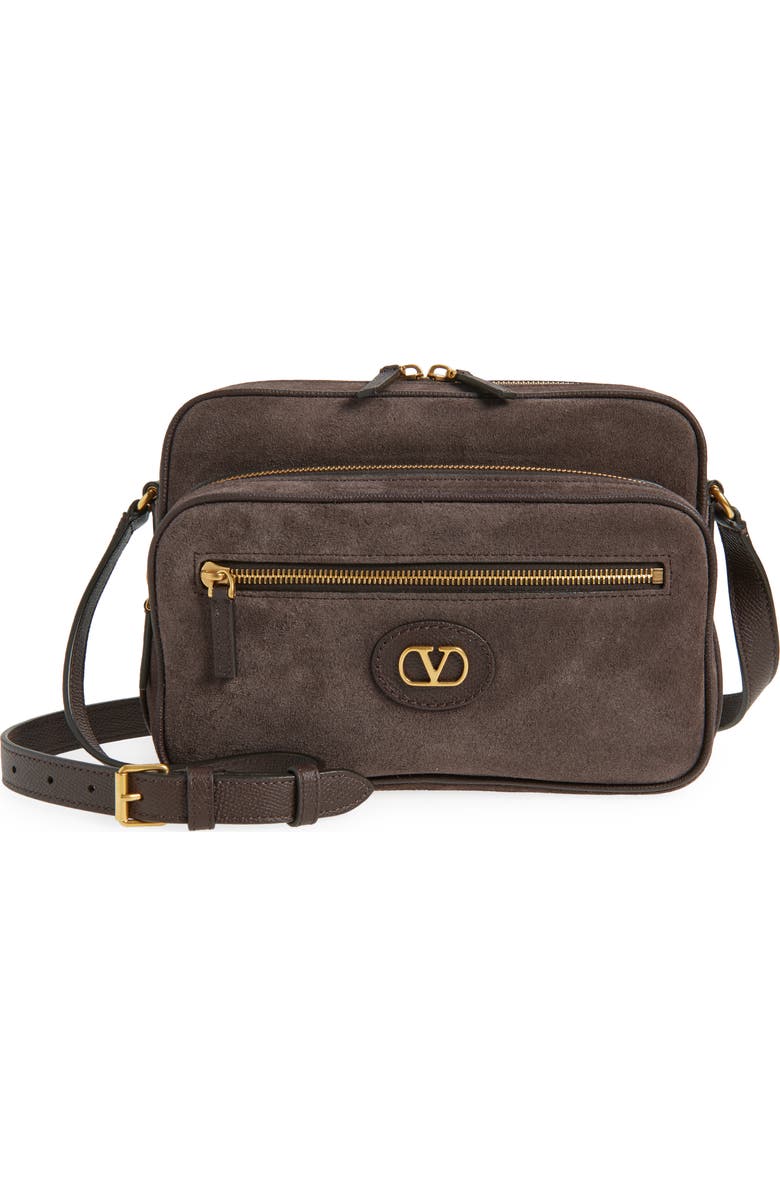 Valentino Antibes Suede Camera Bag, Main, color, Brown