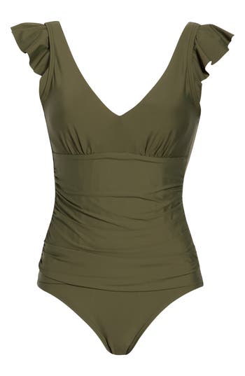 Dkny Plunge Neck Ruffle One-piece Bikini In Green