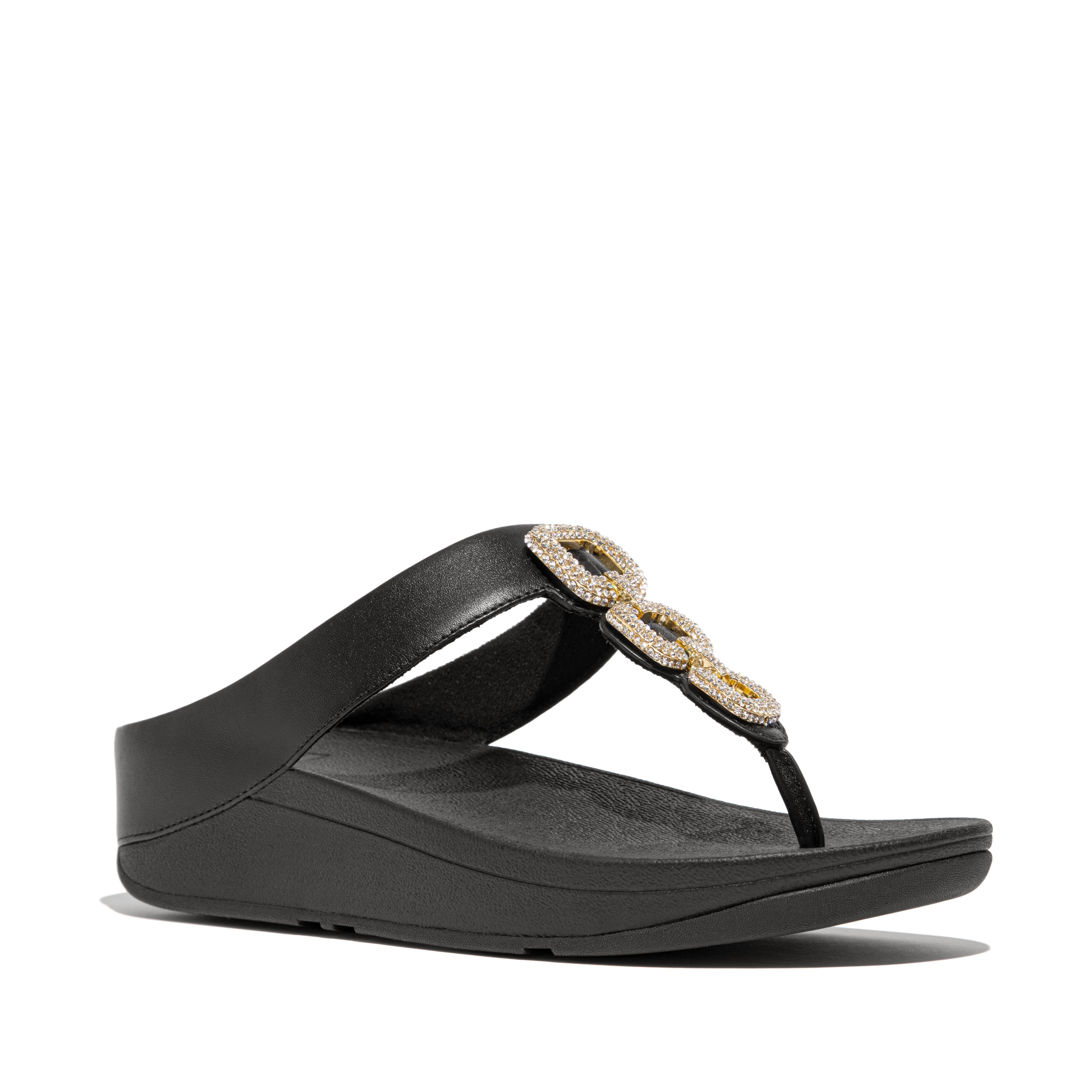FitFlop Fino Crystal-chain leather toe-post sandals, Main, color, Black