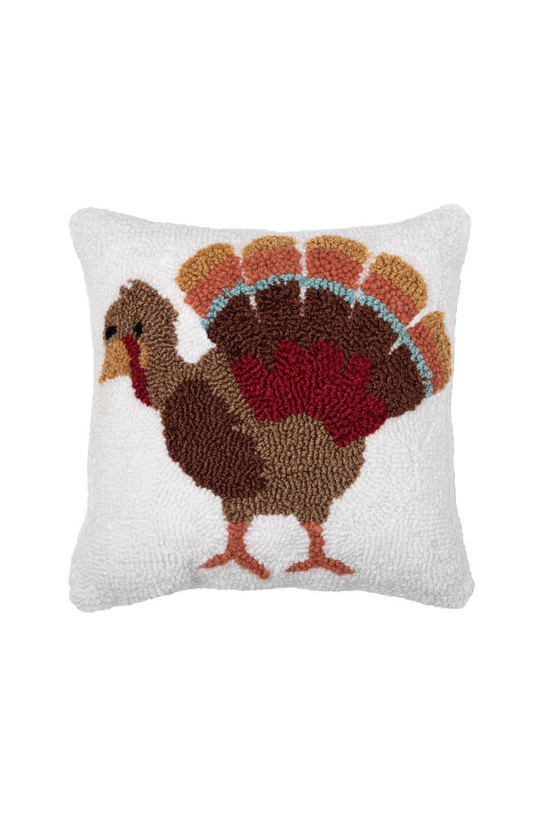 Small Turkey Feathers Design Accent Hooked Thanksgiving Throw Pillow, 12" x 12", Main, color, Brown
