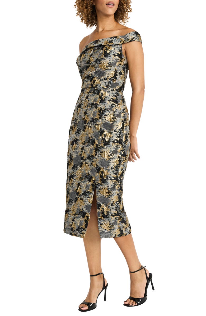 Maggy London Metallic Print One-Shoulder Dress, Alternate, color, 