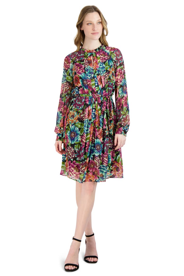 Tie Waist Long Sleeve Chiffon Dress, Alternate, color, MULTI