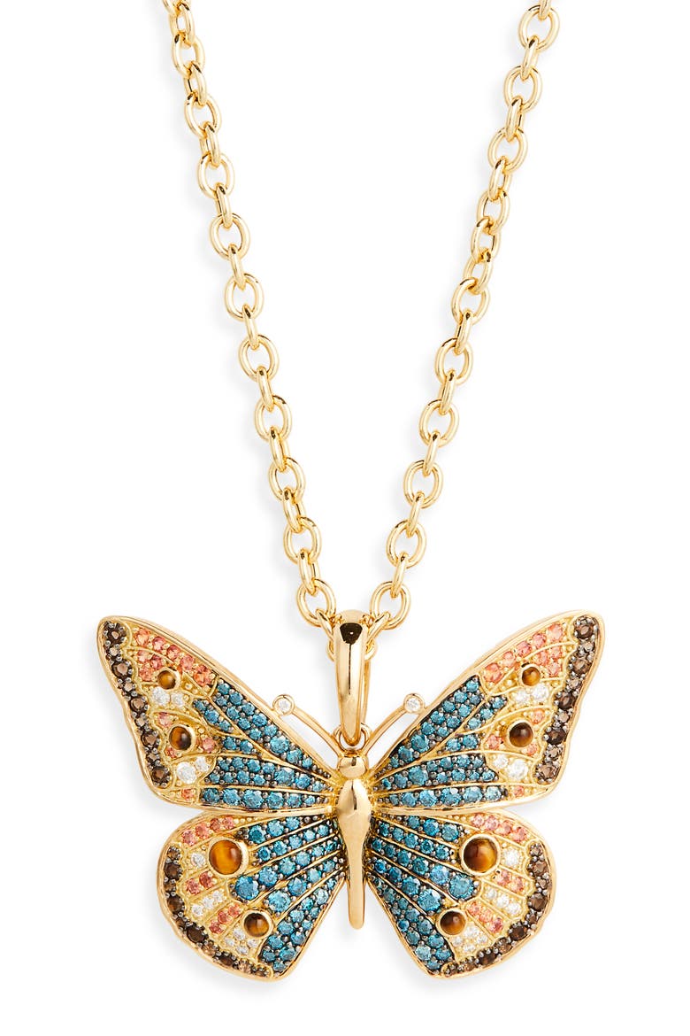 Buckeye Butterfly Pendant Necklace, Main, color, DIAMOND/ TIGER EYE/ TURQUOISE