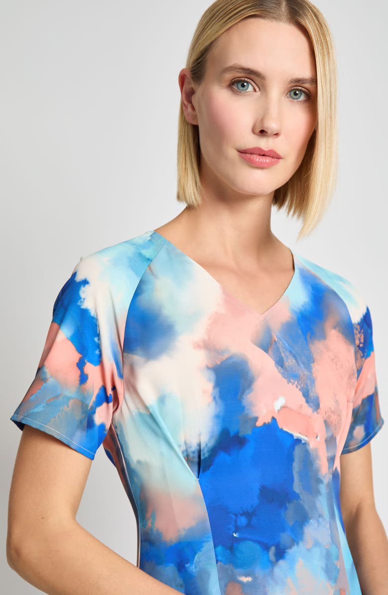 Misook Modern Fit Watercolor Pattern Midi Dress, Alternate, color, Aegean Blue/ Aquatic Multi