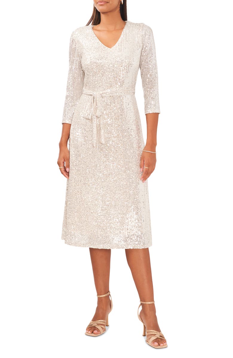 Chaus Tie Waist Sequin Dress, Main, color, Silver