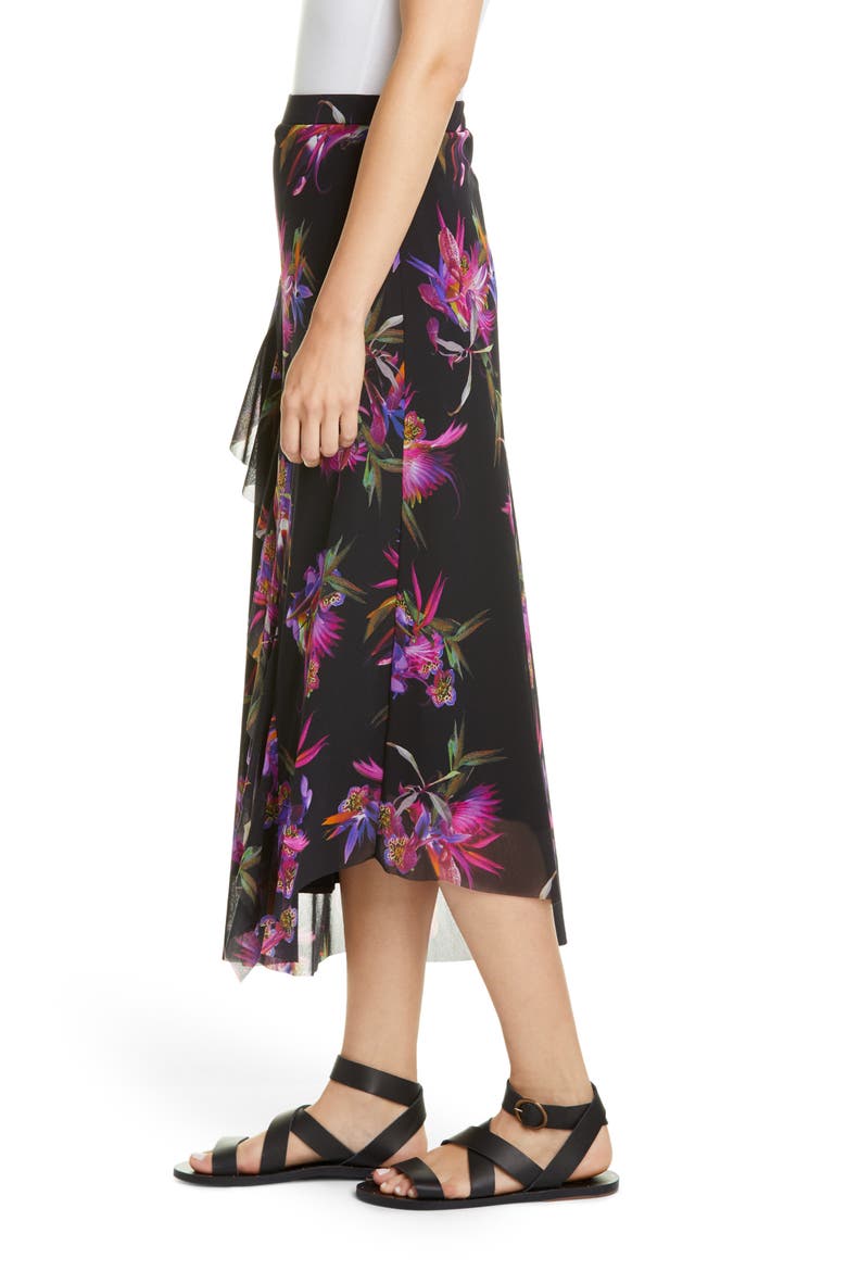 Floral Ruffle Asymmetrical Midi Skirt, Alternate, color, NERO