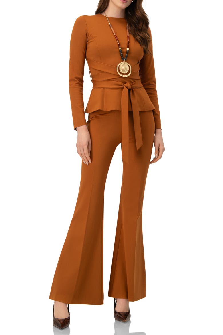 Flared Trousers with Wide Waistband, Alternate, color, Brown