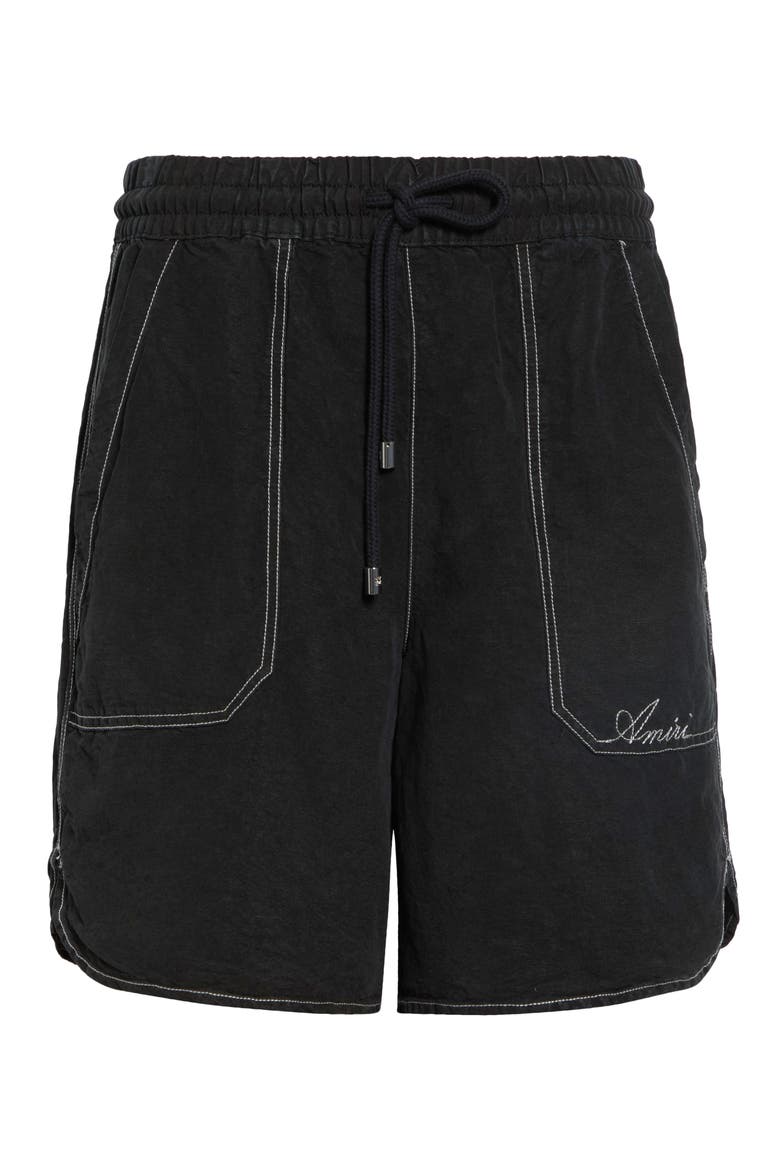 Script Garment Dyed Linen Blend Shorts, Main, color, BLACK