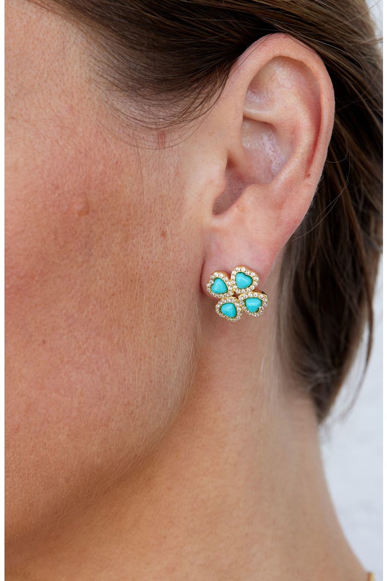 Simulated Turquoise & Cubic Zirconia Heart Clover Stud Earrings, Alternate, color, GOLD