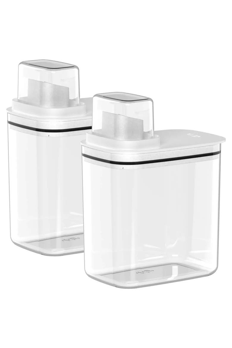 Durable Clear Laundry Detergent Dispenser Organizer with Measuring Cap 2 Pack 50 oz, Main, color, Clear/White