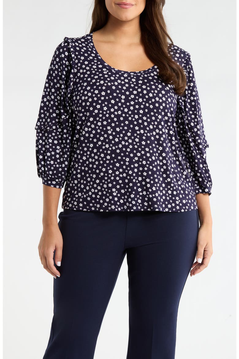 Ruffle Sleeve Print Top, Main, color, NAVY/ WHITE DITSY